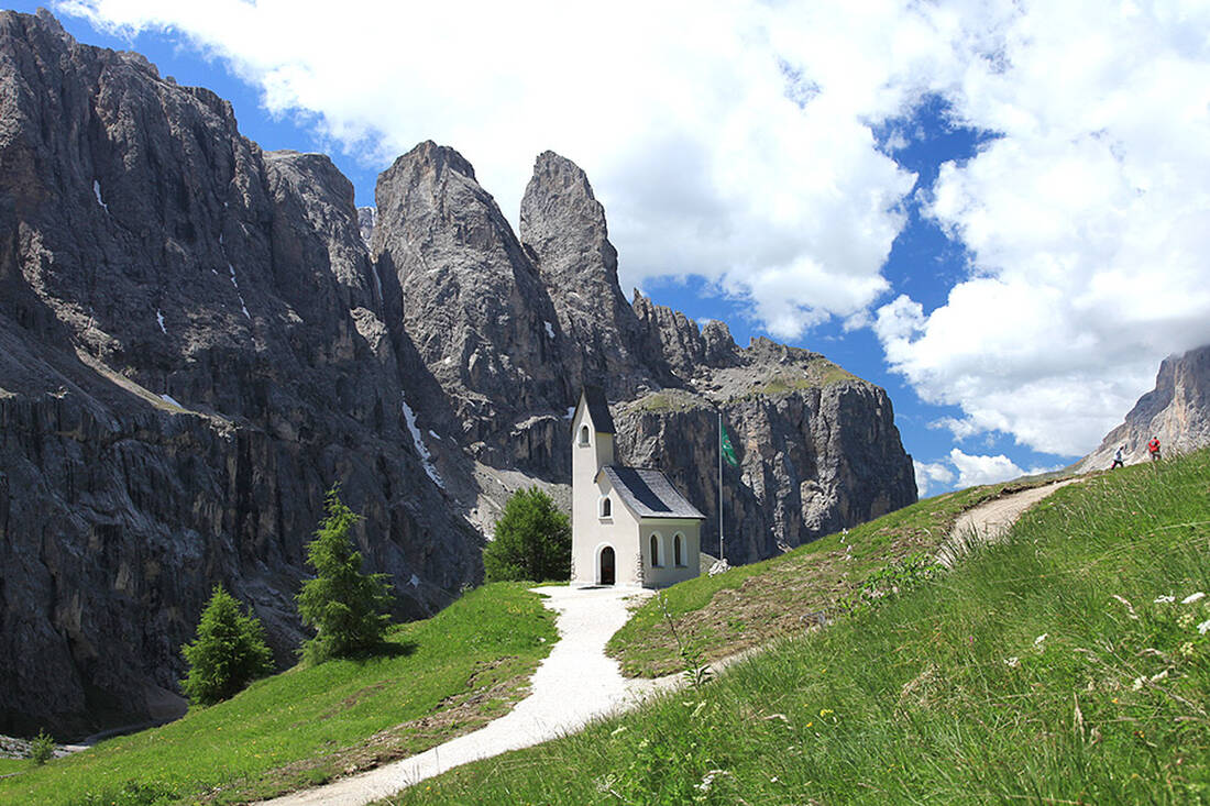 Gardena Pass Church with Sella Massif and Sassolungo