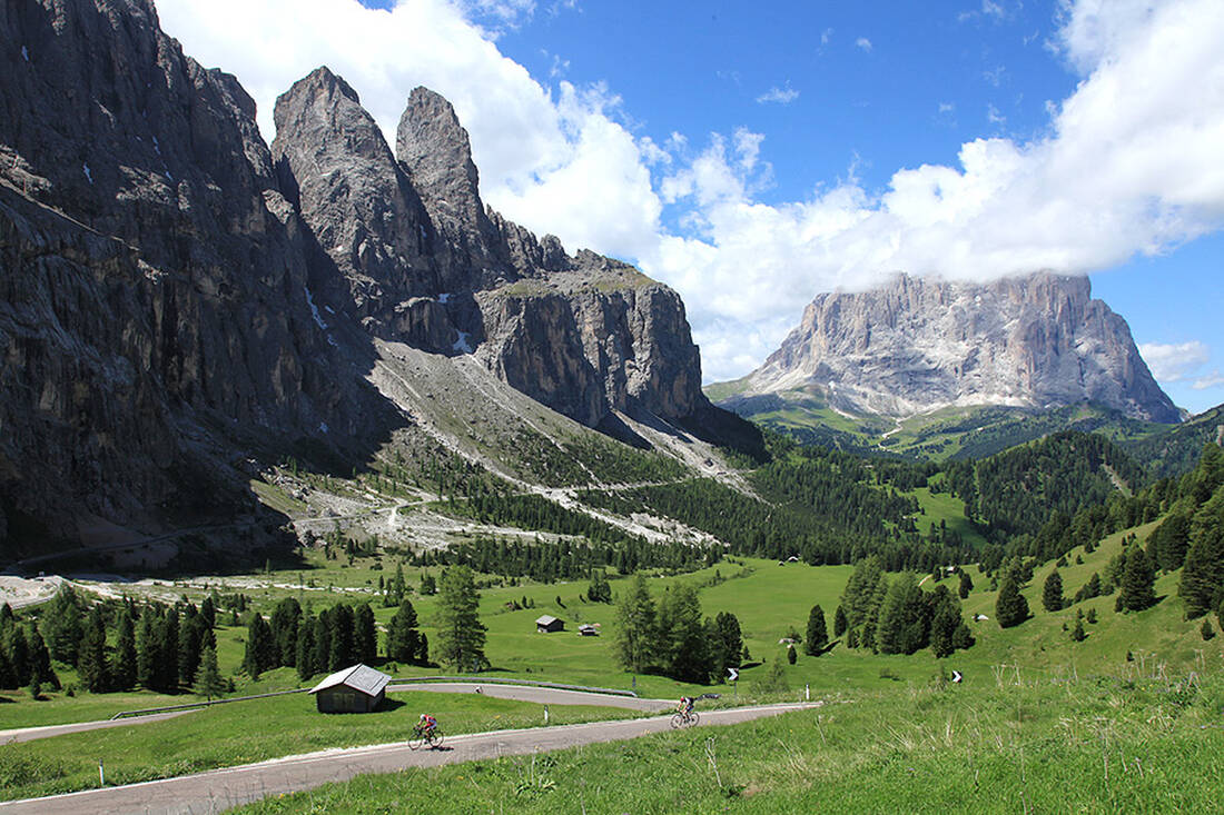 Gardena Pass road with Sella Group and Sassolungo