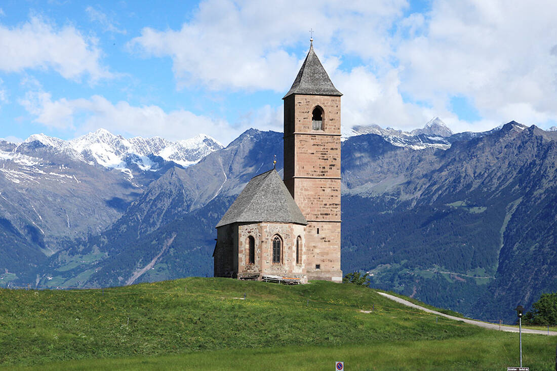 Haflinger church with Merano mountains