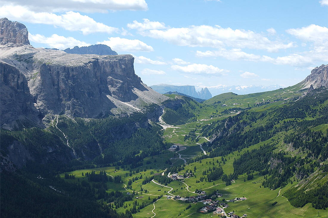Colfosco with Gardena Pass and Sella massif