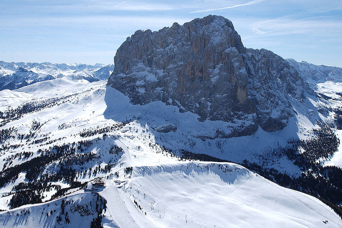 Aerial view of Sassolungo with ski resort