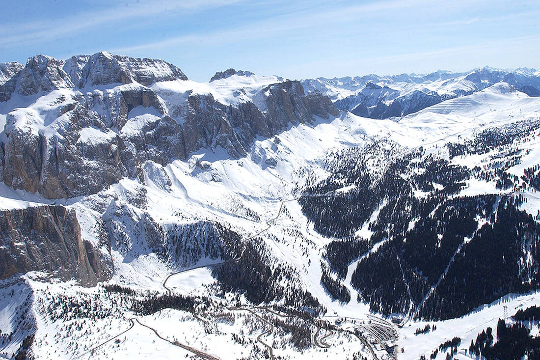 Aerial view of the Grödnerjoch ski resort