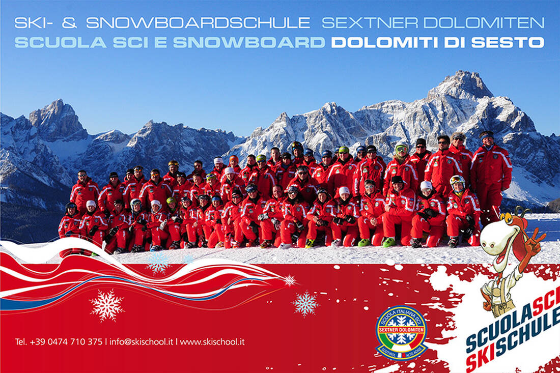 Pro team of the ski and snowboard school Sextner Dolomites