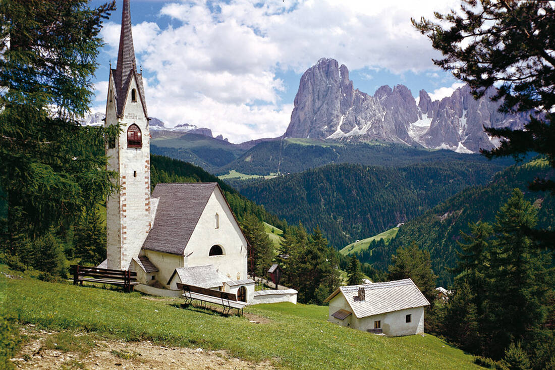 St. Jacob's Church above St. Ulrich with Langkofel