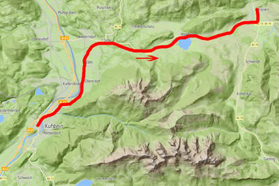 Map of the bike tour from Kufstein to Kössen